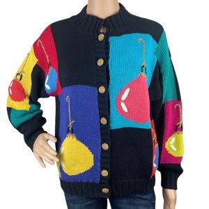 Vintage Christmas Ornament Color Block Knit Hong Kong Cardigan Sweater M…